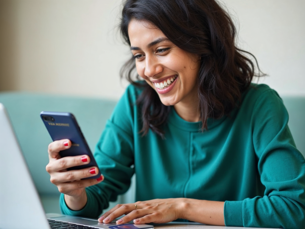 An Indian female student smiling while looking at a notification on her phone or laptop screen that reads “Visa Application Submitted,” with a passport and laptop in front of her, seated in a relaxed home or office setting. An Indian female student smiling while looking at a notification on her phone or laptop screen that reads “Visa Application Submitted,” with a passport and laptop in front of her, seated in a relaxed home or office setting.