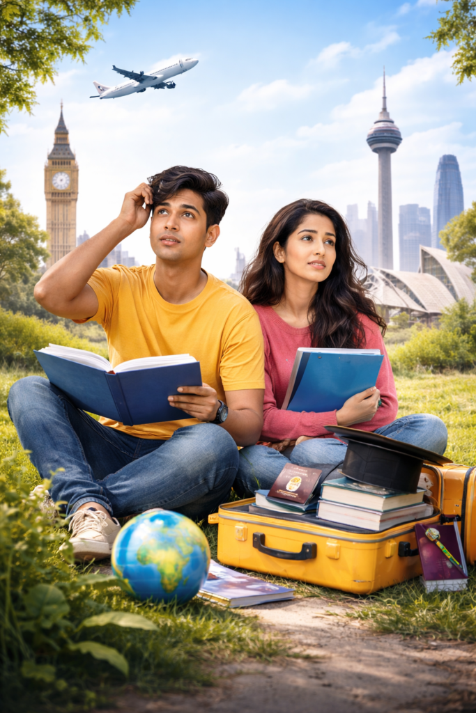 Indian student thinking about studying abroad with low percentage, looking at world map with university icons, hopeful and motivational atmosphere