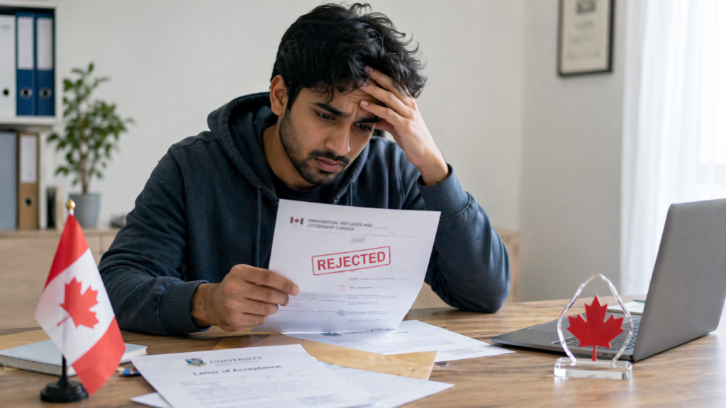 Indian male student looking stressed while reading a Canada student visa rejection letter at a desk with immigration papers, university documents, Canadian flag, and laptop.
