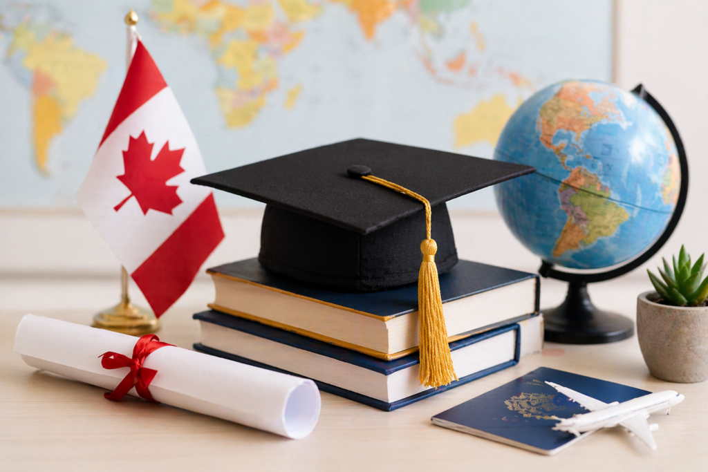 Graduation cap on stacked books with globe, passport, and Canadian flag on a clean desk representing study abroad and scholarships.