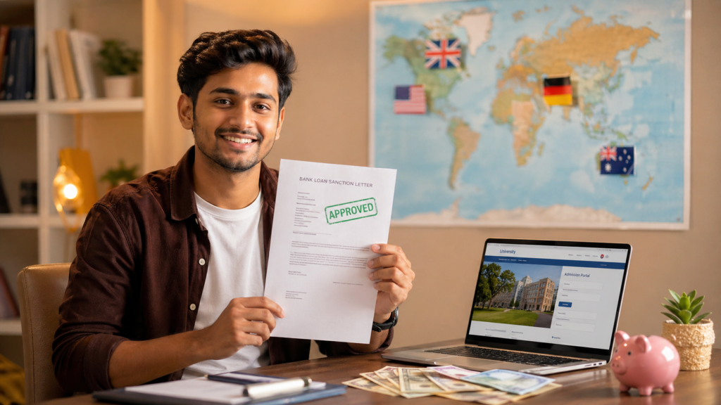 Education loan for study abroad without collateral 2026 — Indian student holding approved loan sanction letter