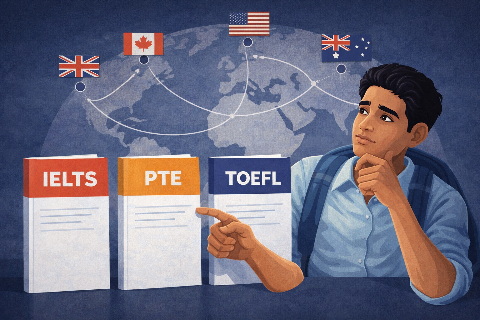 indian student comparing ielts pte and toefl exams for study abroad with global destinations in background