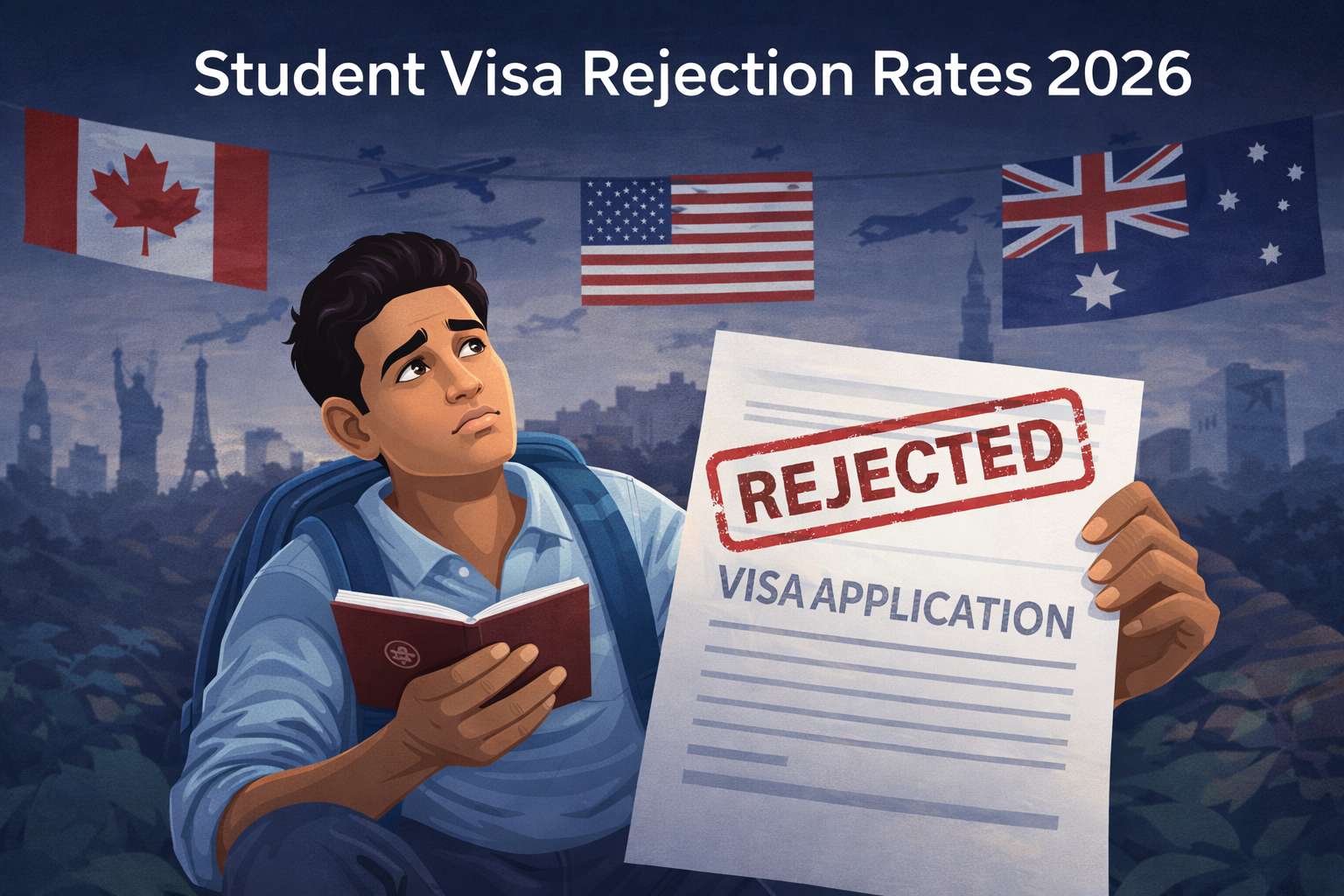 Indian student holding visa rejection letter with Canada, USA and Australia flags in background representing student visa rejection rates 2026