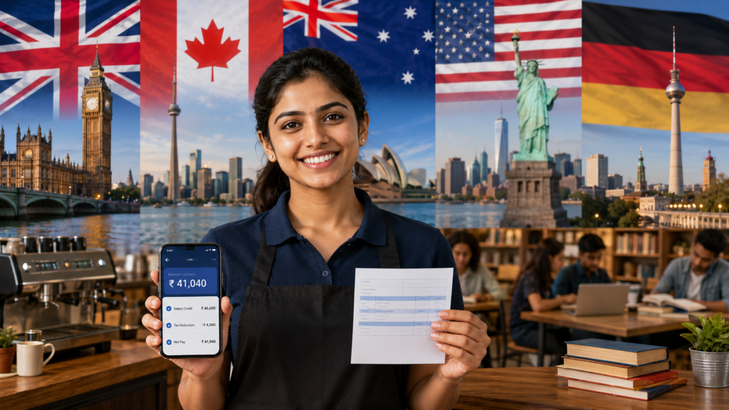 Alt text: Smiling young Indian student in a café and library-style setting holding a smartphone with earnings displayed and a payslip, with background visuals representing the UK, Canada, Australia, USA, and Germany through flags and iconic landmarks. Professional, optimistic atmosphere symbolizing part-time work opportunities for Indian students abroad in 2026.