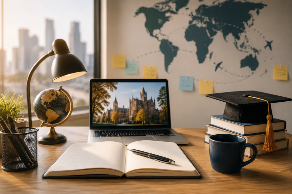 Modern study workspace for students planning international education, featuring a laptop, open notebook, graduation cap, books, world map, and coffee on a wooden desk with warm natural lighting and a global study abroad theme.