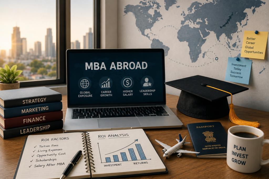 Professional MBA abroad planning workspace featuring a laptop with business growth visuals, ROI analysis notebook, graduation cap, passport, strategy books, airplane model, and world map in a modern office setting with warm natural light