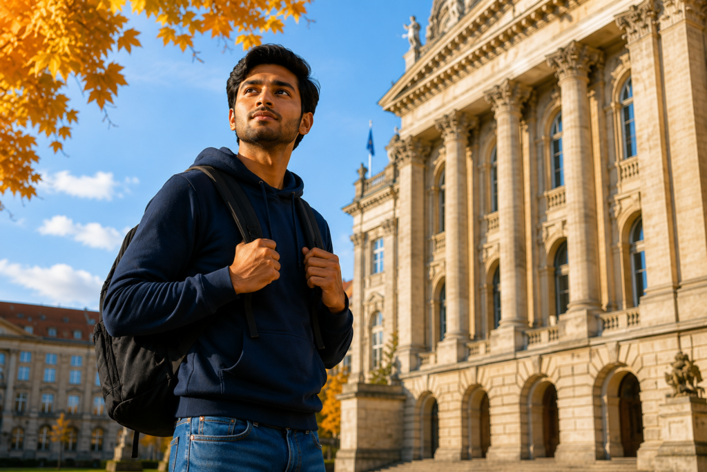 Young Indian student wearing a backpack standing confidently in front of a grand European university building with classical architecture, autumn leaves, blue sky, and bright daylight in a cinematic study abroad setting.