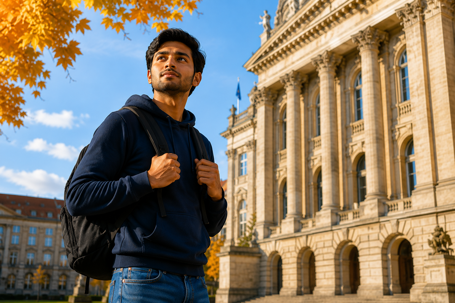 Young Indian student wearing a backpack standing confidently in front of a grand European university building with classical architecture, autumn leaves, blue sky, and bright daylight in a cinematic study abroad setting.