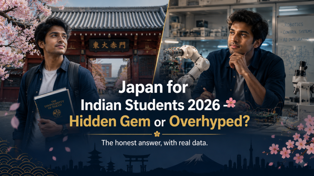 A cinematic split-screen hero image featuring an Indian student in two stages of their Japan study journey. On the left, the student stands confidently in front of the iconic Akamon (Red Gate) at the University of Tokyo, surrounded by blooming cherry blossom trees. On the right, the same student sits thoughtfully at a robotics laboratory workstation with advanced engineering equipment and robotic arms. The design uses navy blue, gold, and sakura pink accents, creating an aspirational and editorial-style visual. Headline text reads: “Japan for Indian Students 2026 — Hidden Gem or Overhyped?” with the subheading: “The honest answer, with real data.” The image conveys higher education, innovation, career opportunities, and studying in Japan for Indian students.