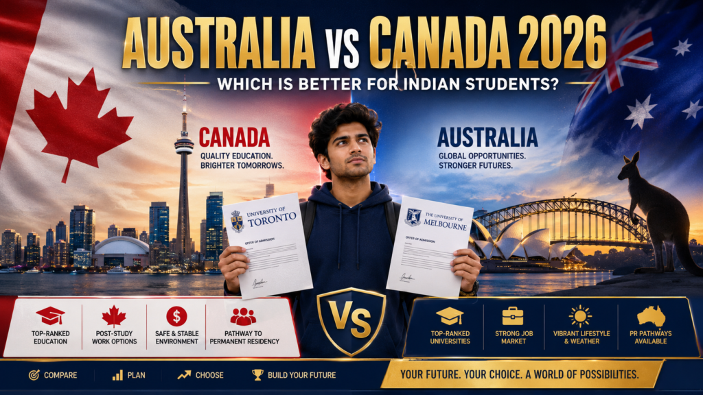 Australia vs Canada for Indian Students 2026: A split-screen editorial graphic comparing Canada and Australia as study destinations. On the left, the Canadian flag, Toronto skyline, and CN Tower appear behind an offer letter from the University of Toronto. On the right, the Australian flag, Sydney Opera House, Harbour Bridge, and a kangaroo appear behind an offer letter from the University of Melbourne. In the center, a thoughtful young Indian student holds both admission letters while deciding between the two countries. The headline reads, "Australia vs Canada 2026 – Which Is Better for Indian Students?" with navy blue and gold branding, highlighting education, career opportunities, post-study work options, lifestyle, and permanent residency pathways.