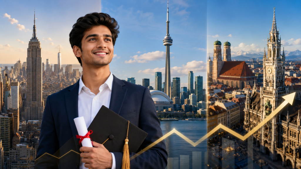A confident young Indian graduate in professional attire stands holding a diploma and graduation cap in front of a blended split-screen skyline featuring New York, Toronto, and a modern German cityscape. A subtle upward-trending growth arrow overlays the background, symbolizing career growth and higher earning potential. The image uses a clean editorial style with a navy blue and gold color palette, bright optimistic lighting, and a professional, high-resolution finish with no text or logos.