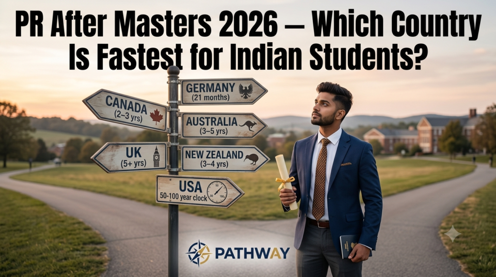 A 16:9 cinematic editorial image titled "PR After Masters 2026 — Which Country Is Fastest for Indian Students?". The image features a young Indian male student in his mid-20s, dressed in a professional navy blue suit and tie, standing at a grassy crossroads on a university campus. He holds a graduation scroll with a gold ribbon in one hand and a passport in the other, thoughtfully looking toward a central signpost. The signpost features six directional signs indicating Permanent Residency (PR) timelines for different countries: Germany (21 months), Canada (2–3 yrs), Australia (3–5 yrs), New Zealand (3–4 yrs), UK (5+ yrs), and USA with a "50-100 year clock" graphic. The background shows a winding path and campus buildings under soft evening light. A navy blue and gold logo for "PATHWAY" is visible at the bottom center.