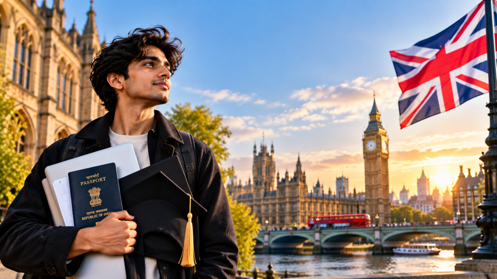 Indian student holding an Indian passport and graduation cap in London with Big Ben, UK Parliament, Thames, and Union Jack in the background, representing the UK Graduate Route Visa 2026–27.