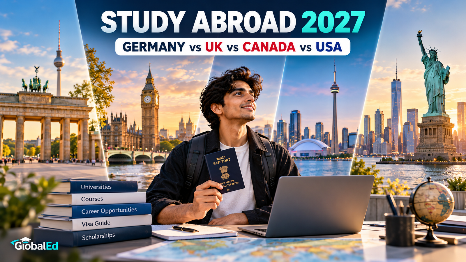 Indian student with passport and laptop comparing Germany, UK, Canada and USA for Study Abroad 2027